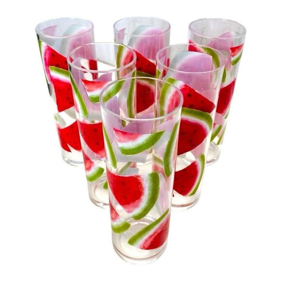 Retro Summer Watermelon Slice 8" Highball Collins Glass Set of 6 Fruit Cocktail - Picture 5 of 7